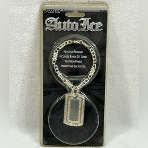 Auto Ice Pilot Dogtag Keychain Pendant 30” Chain Platinum Finish Rhinestone VTG.